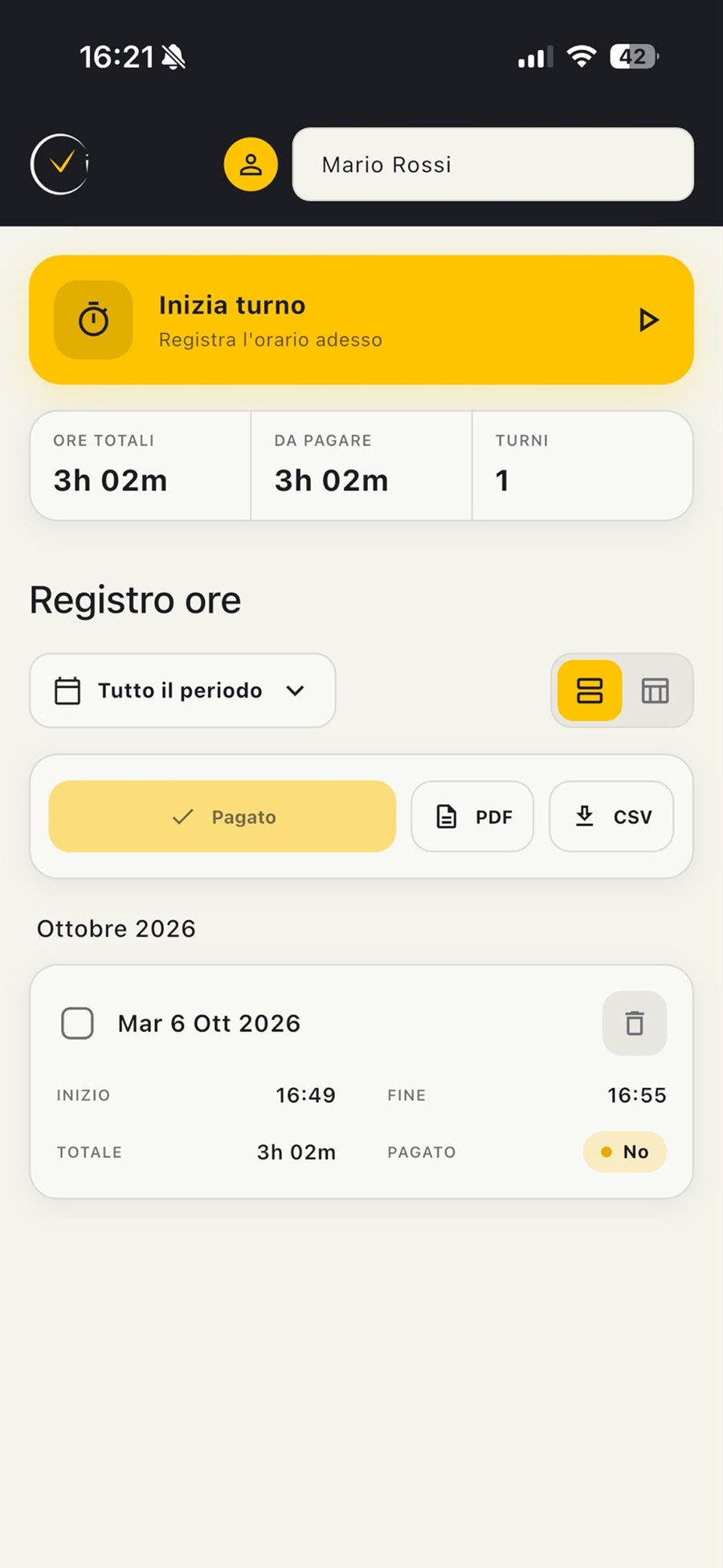 Schermata principale di ClockIn con il pulsante Inizia turno, le statistiche e il registro ore